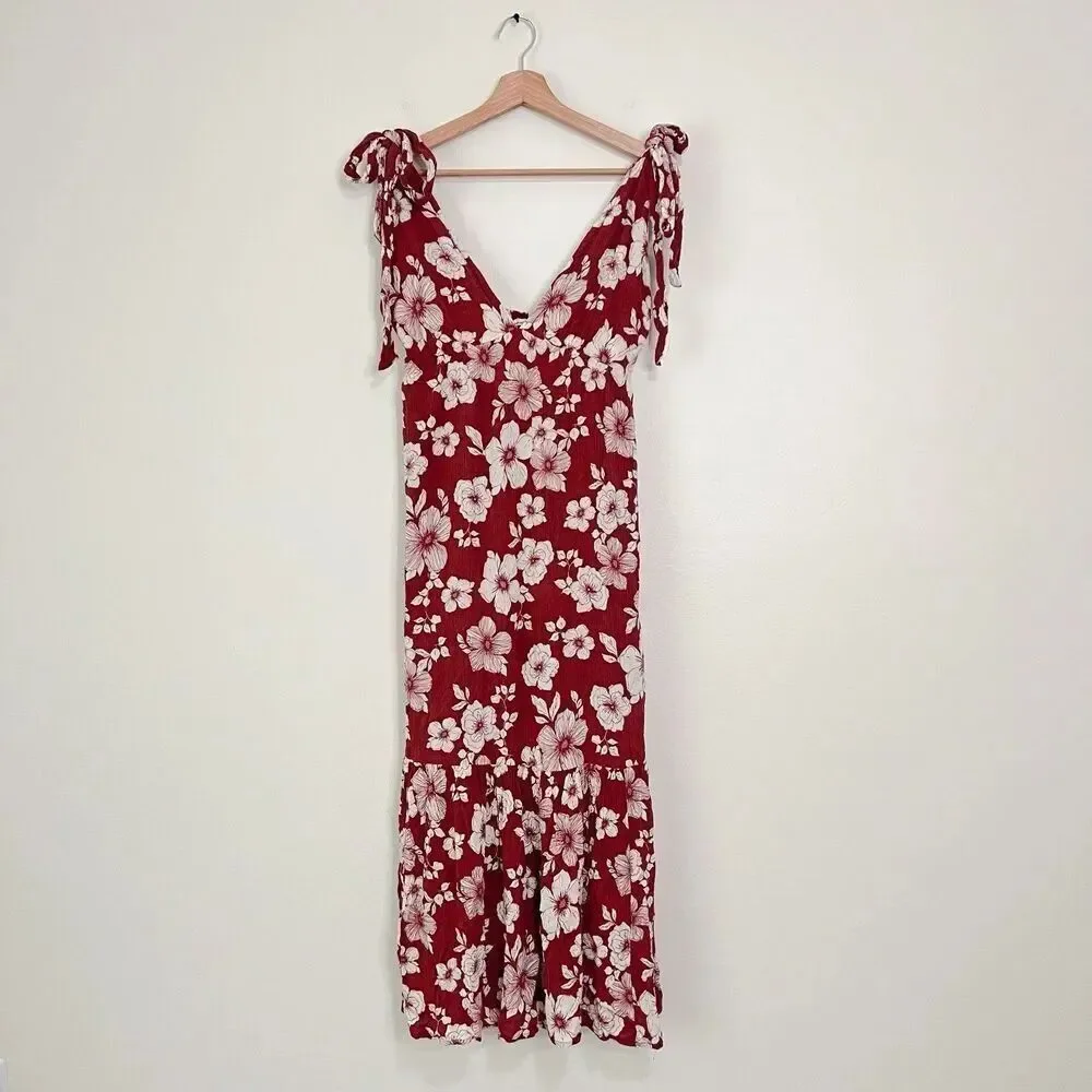 Abercrombie & Fitch Floral Maxi Tie Strap Dress Size M Brown Open Back Tiered